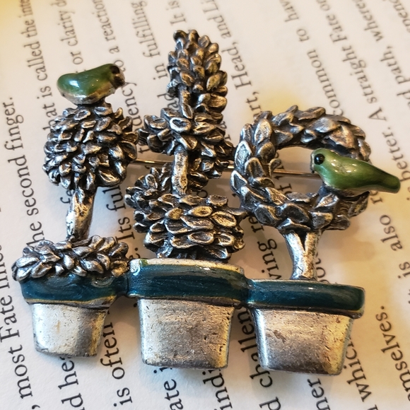 boutique Jewelry - Vintage Brooch Bird Topiary 90's Pewter Enamel